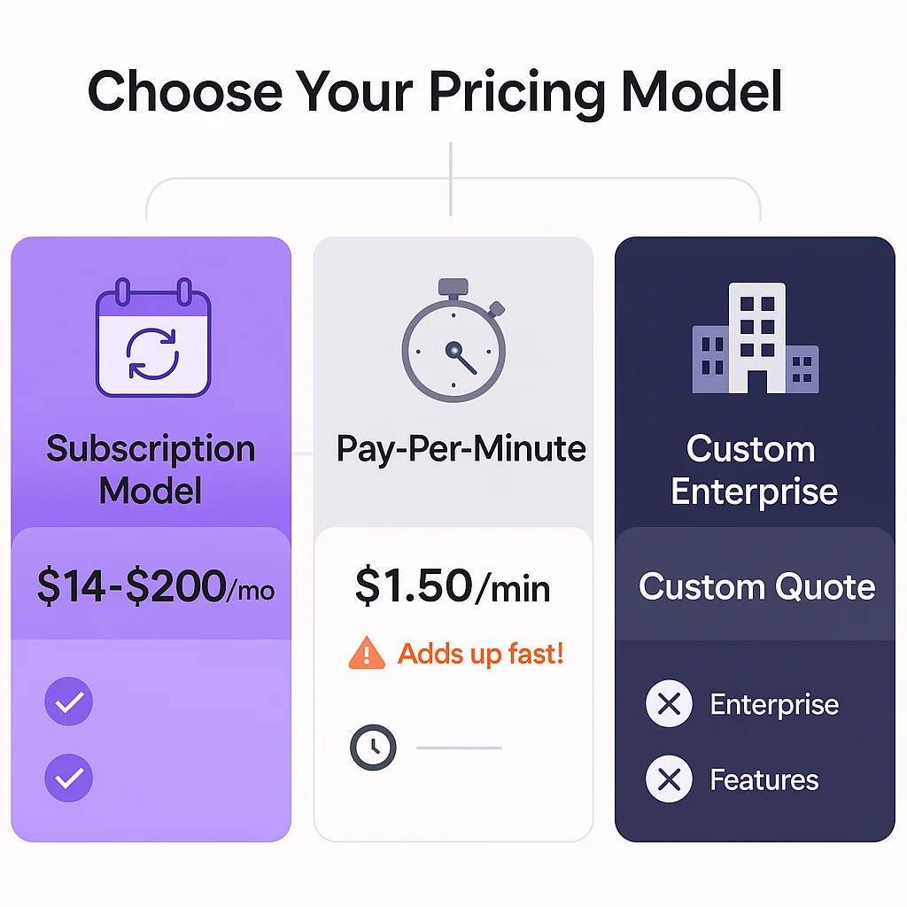 Three AI receptionist pricing model types comparison