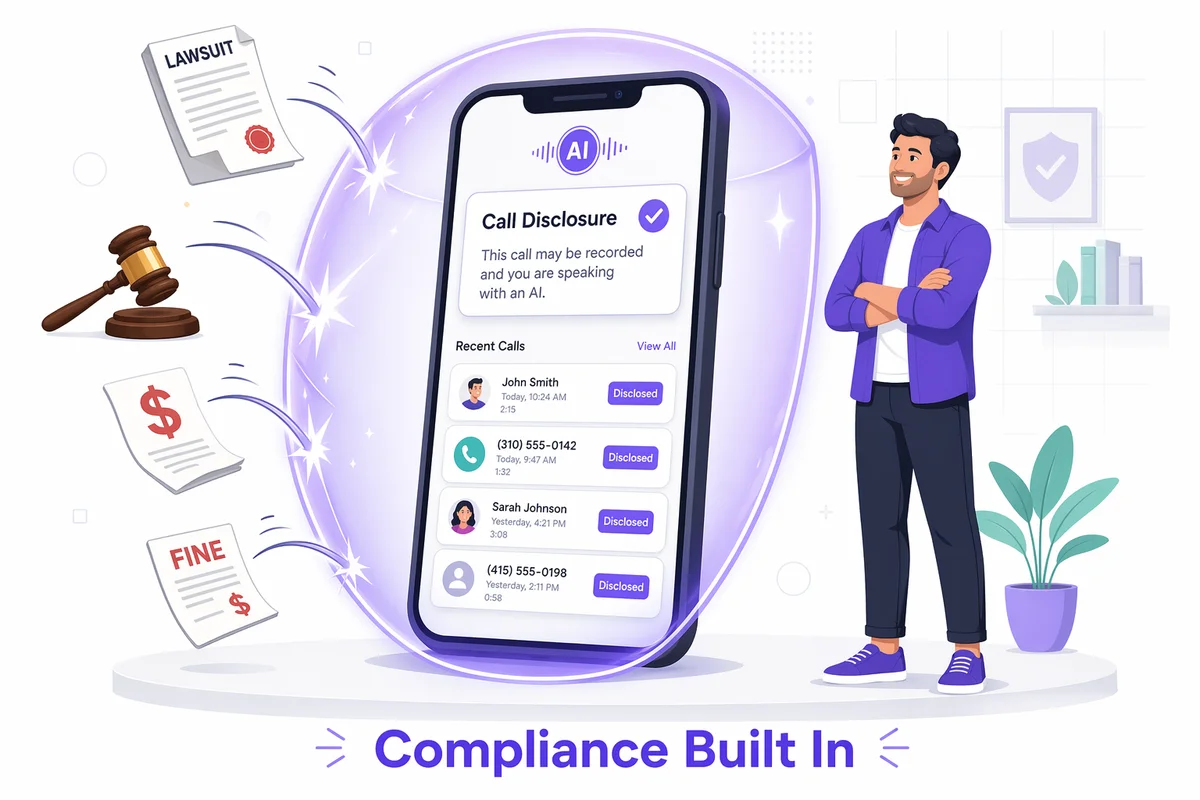 AI Receptionist phone protected by a purple disclosure shield from incoming legal liability