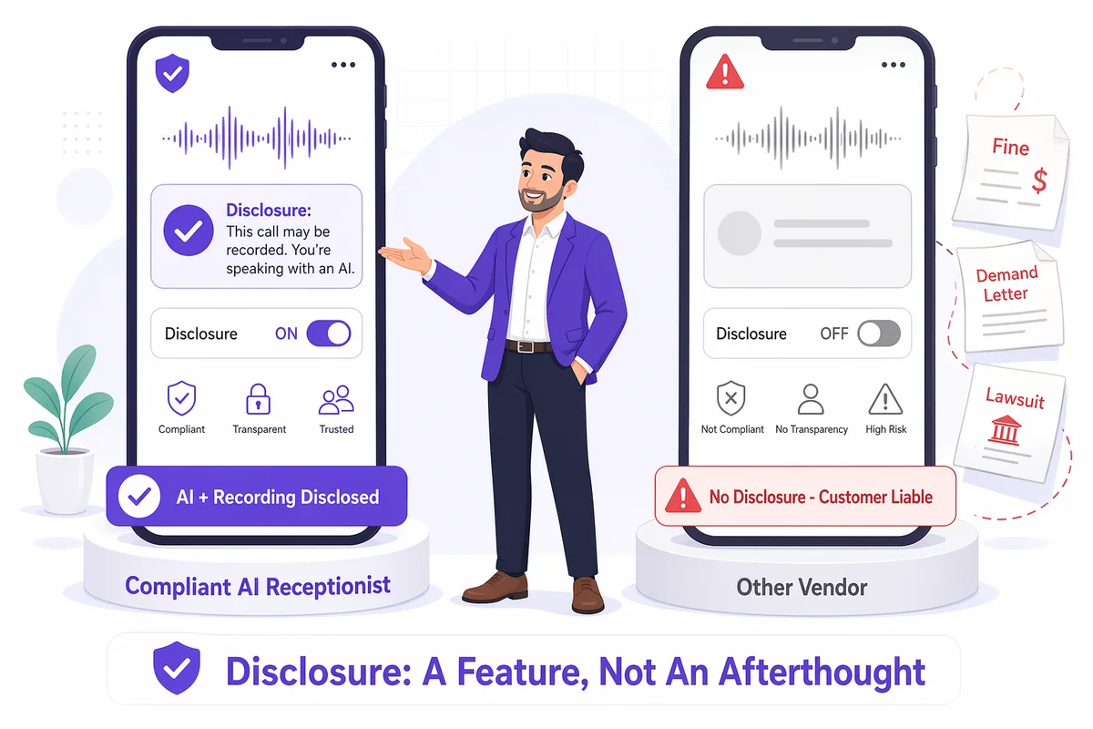 Side by side comparison of a compliant AI receptionist with a built-in disclosure versus a competitor agent with no AI or recording disclaimer