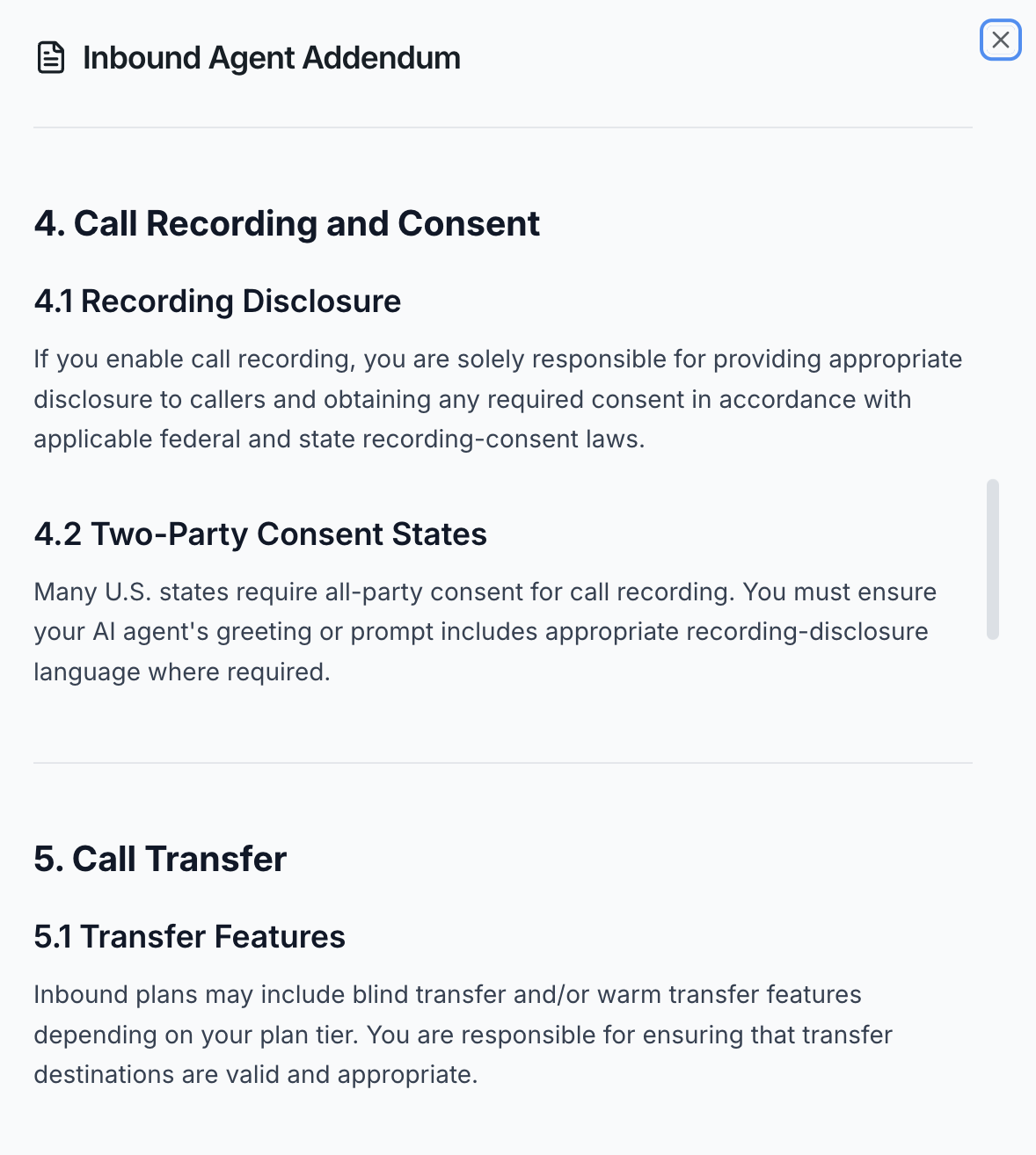 Dialzara Inbound Agent Addendum section 4.1 stating the customer is solely responsible for call recording disclosure and consent