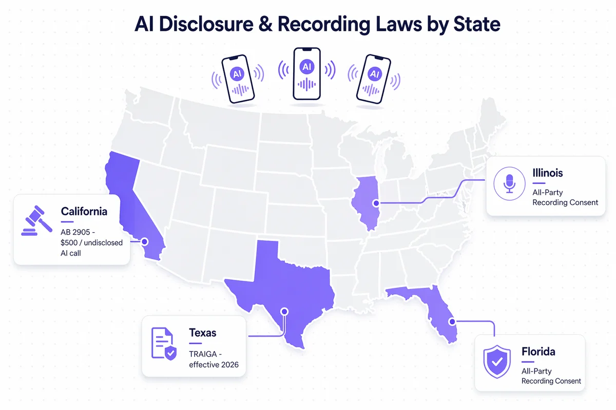 Map showing patchwork of US state AI disclosure and call recording consent laws across California, Texas, Florida, Illinois and more