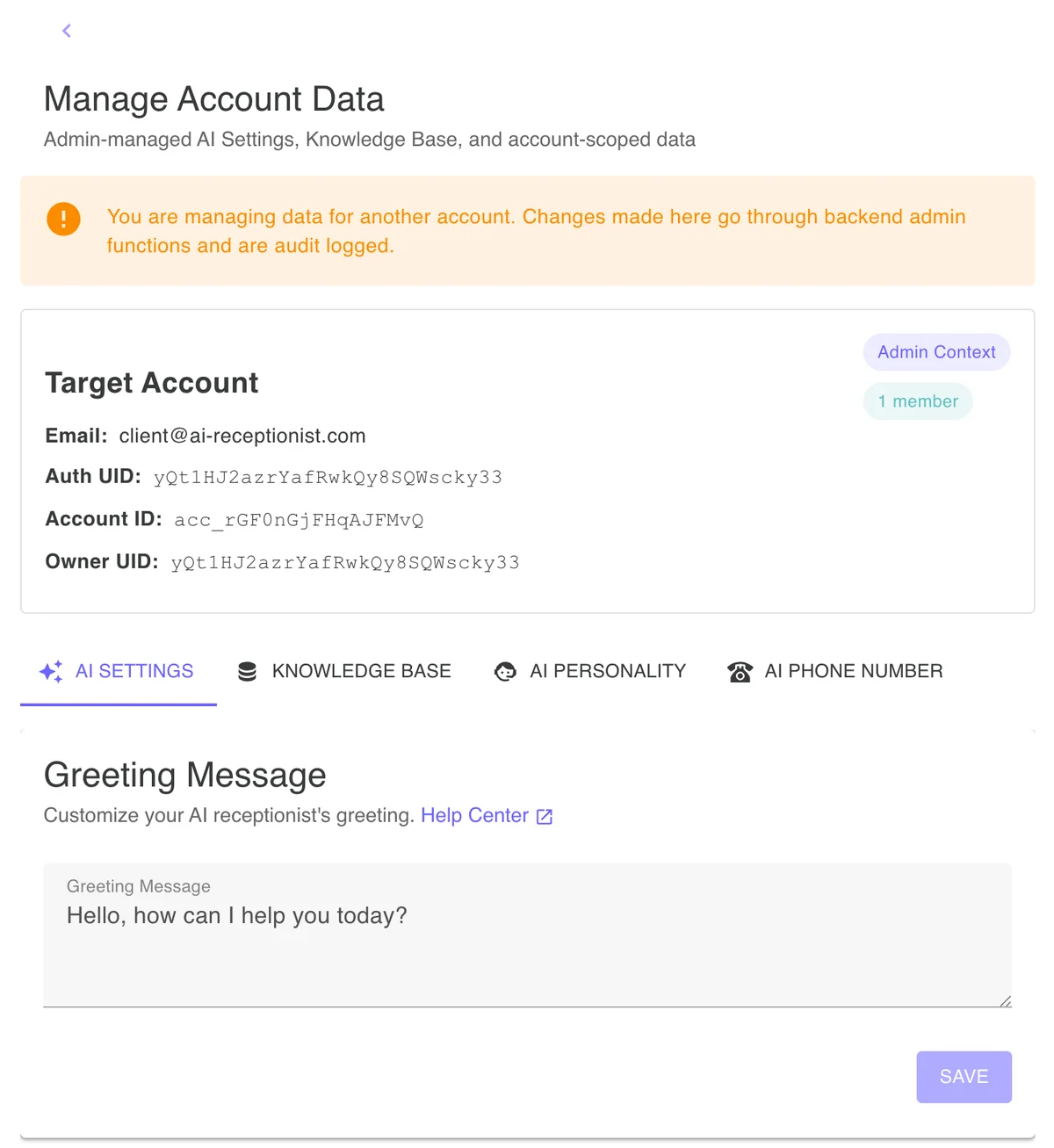 Partner managing a client's AI receptionist settings, knowledge base, and personality from their own account