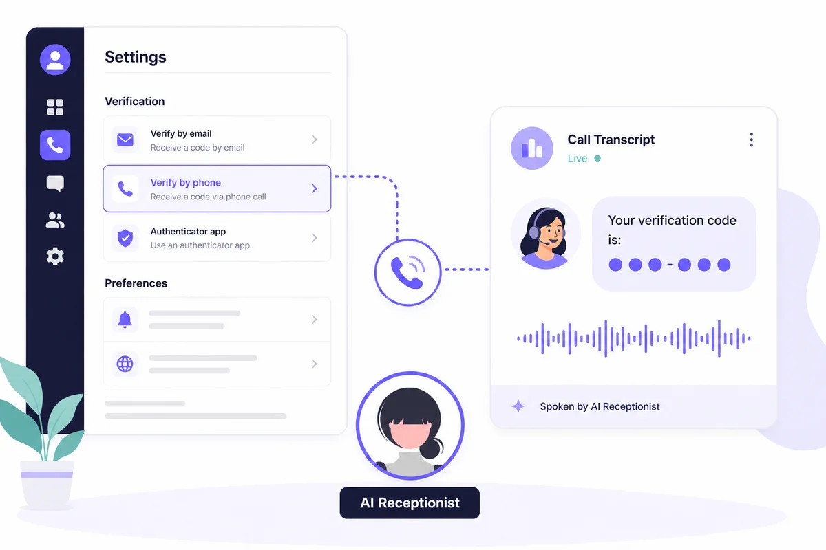 Verify by phone option in Google Voice with the verification code appearing in the AI Receptionist dashboard transcript