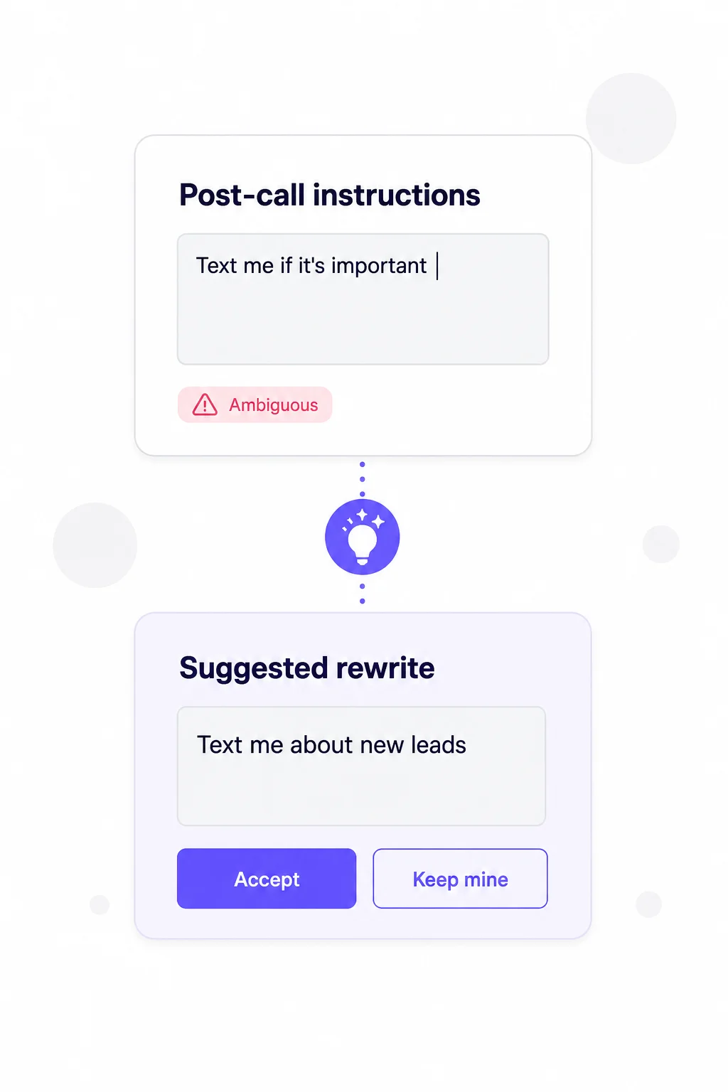 The AI flags an ambiguous post-call instruction and suggests a clearer rewrite with Accept and Keep mine buttons