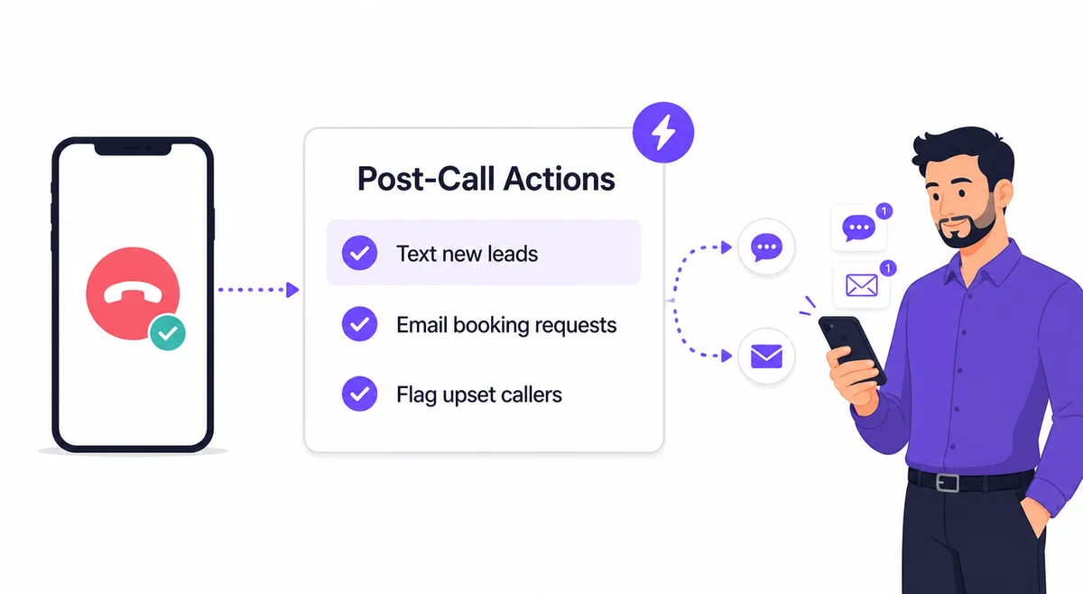 Post-Call Actions workflow: a call ends, your instructions run, and texts and emails reach the owner's phone