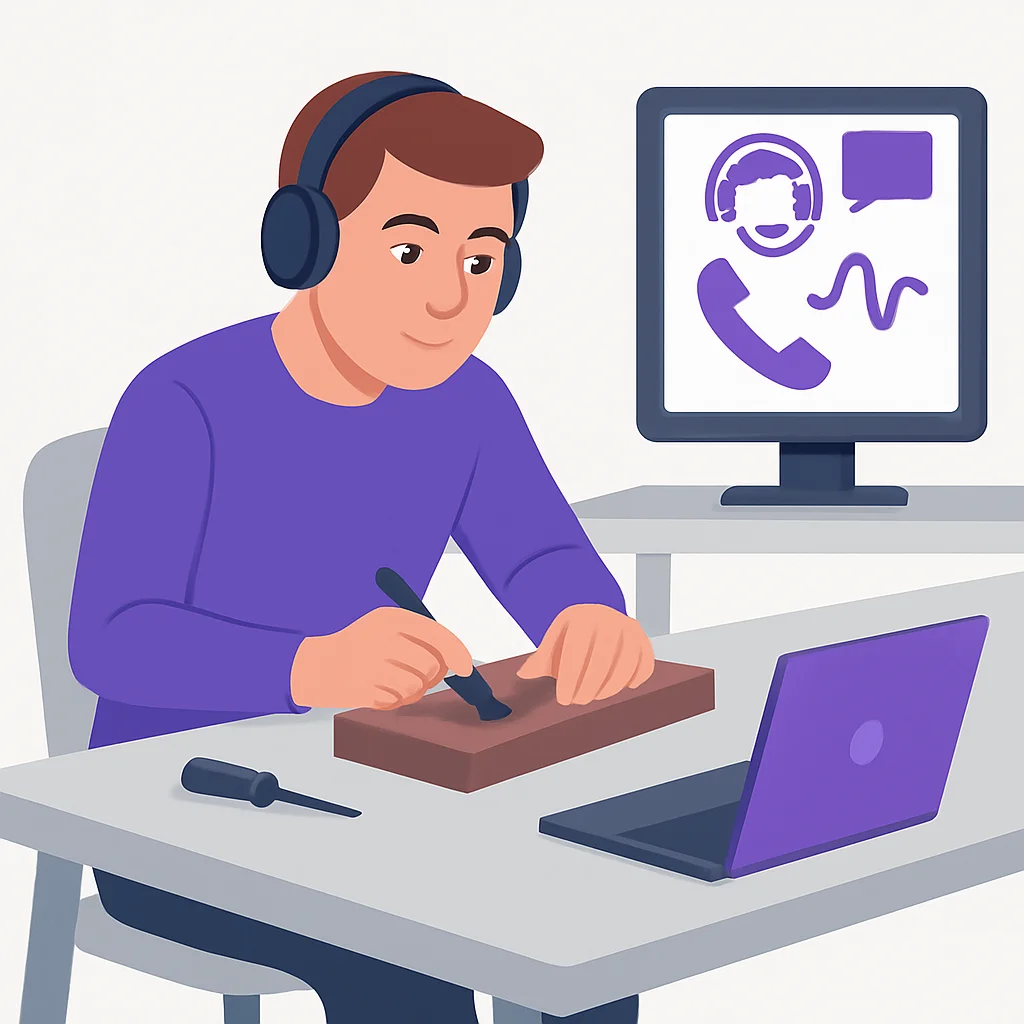 Business owner working focused while AI receptionist handles call screening