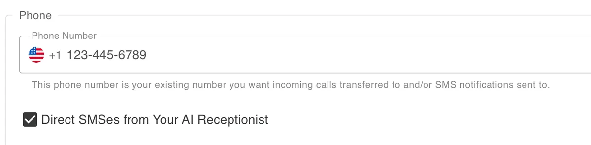 Direct SMS settings in AI Receptionist dashboard