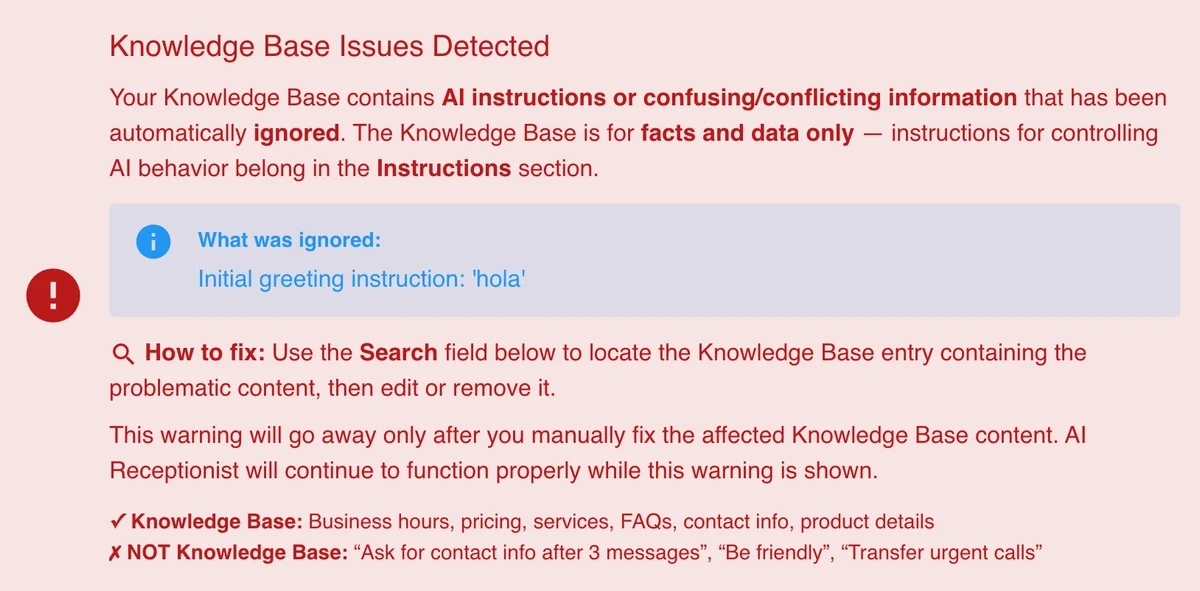 AI Receptionist knowledge base with search and issue detection