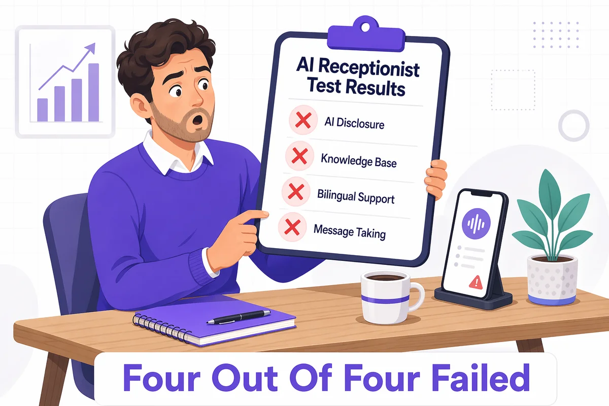 Illustration of a small business owner looking shocked at a checklist of failed AI receptionist tests including no AI disclosure broken knowledge base no real bilingual support and bad message taking