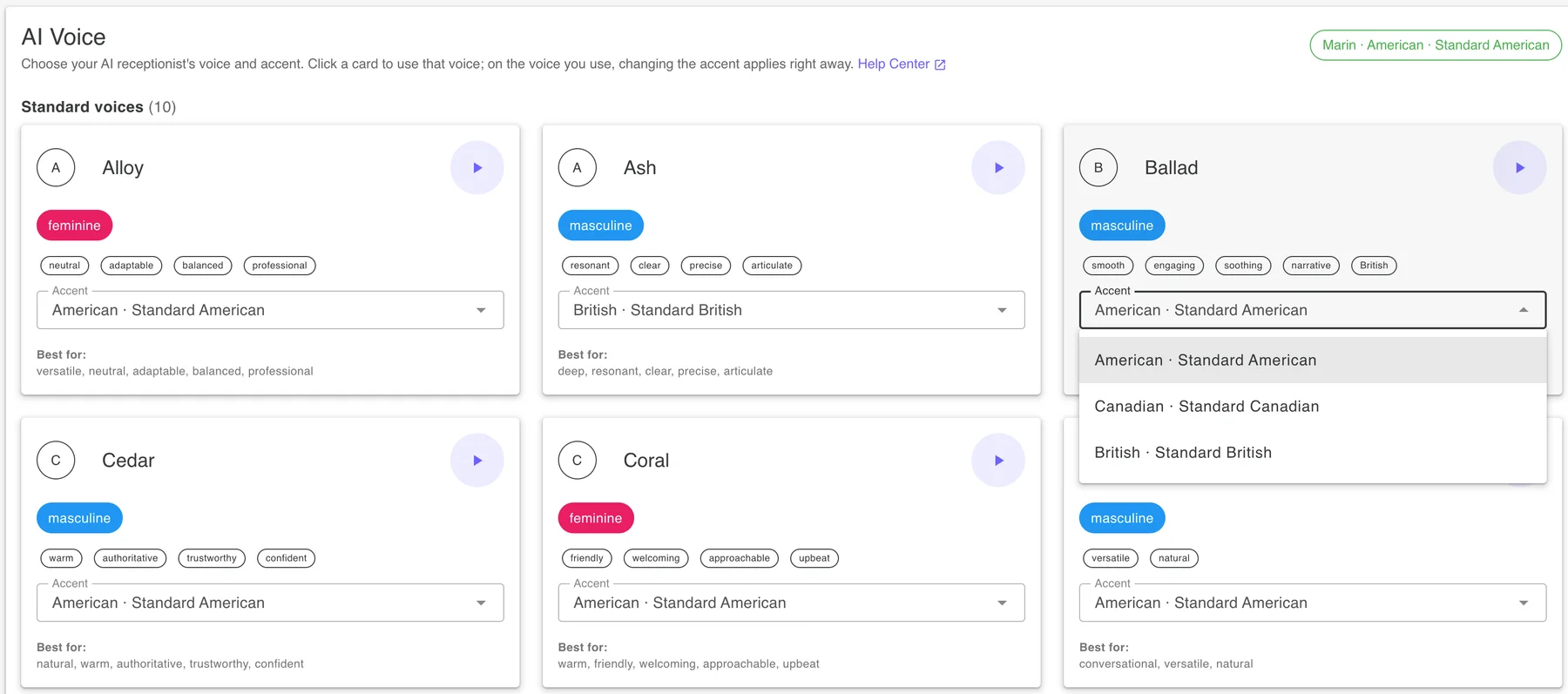 The new AI Receptionist voice picker: cards for each voice with a play button, personality tags and an accent selector for American, Canadian or British