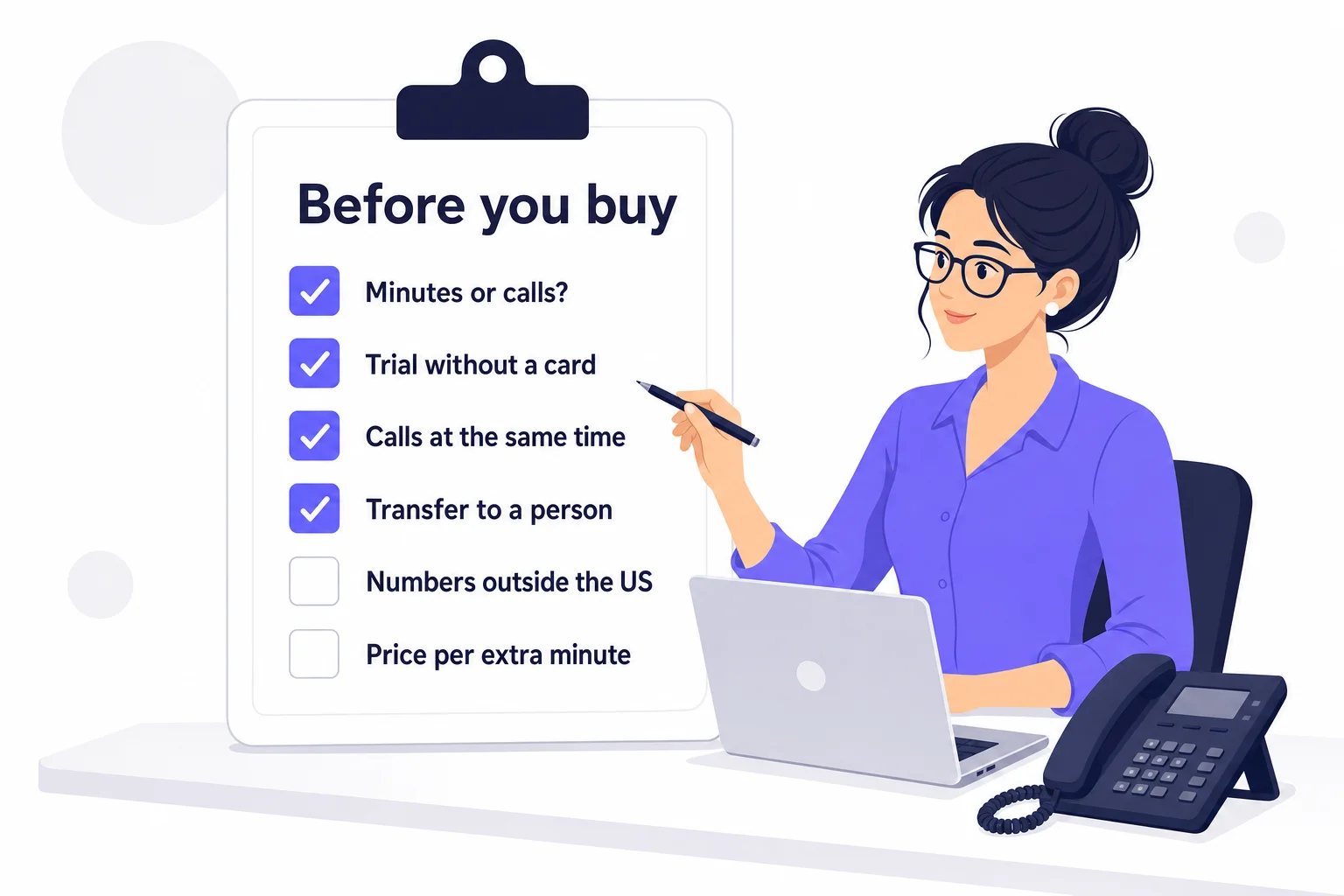 Clipboard checklist of six things to check before buying an AI answering service, beside a business owner at a laptop