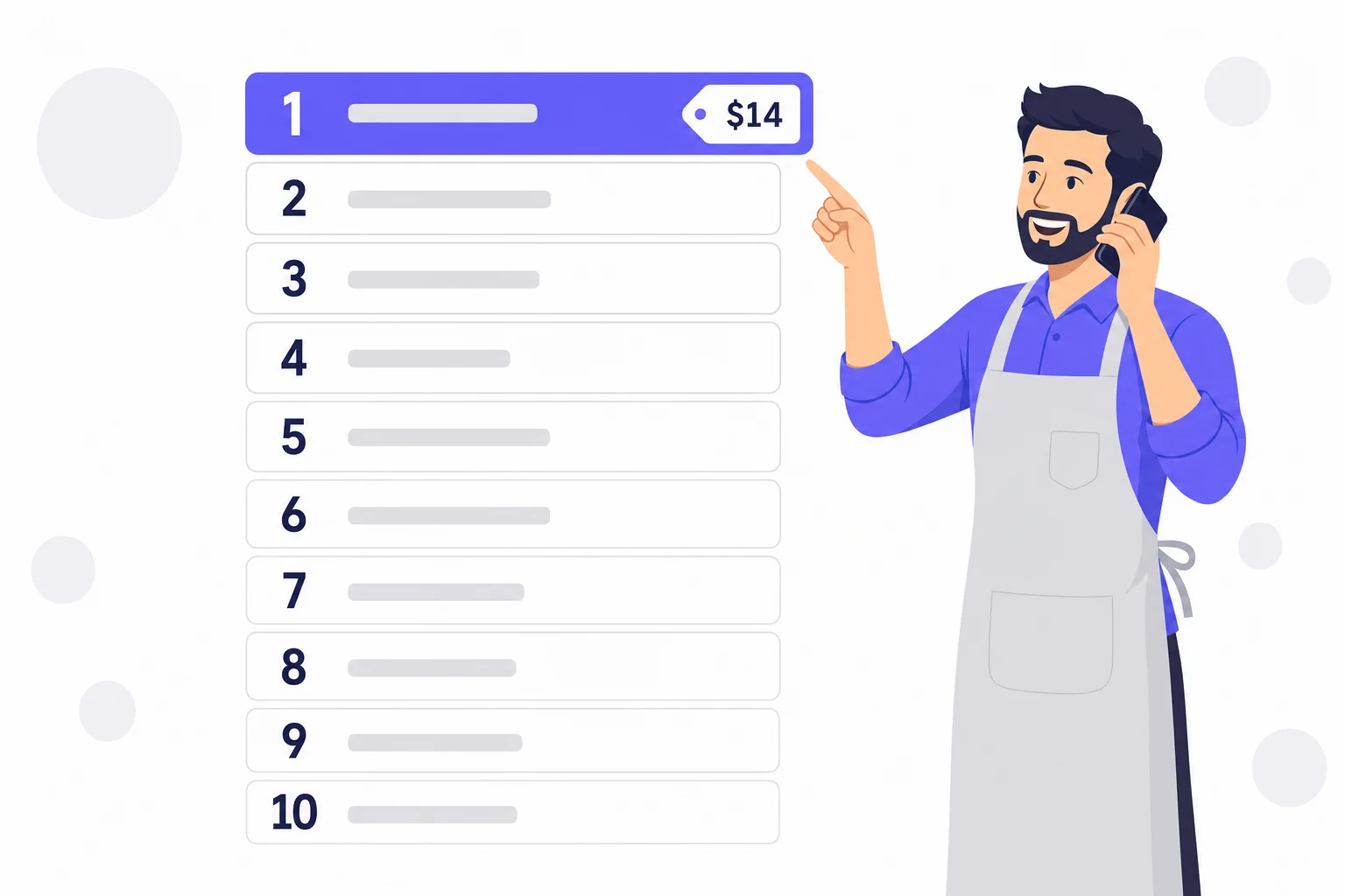 Ranked list of ten AI answering services with the top card marked $14, beside a shop owner on the phone