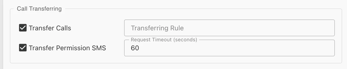 Call Transfer Permission feature showing SMS notification with caller details