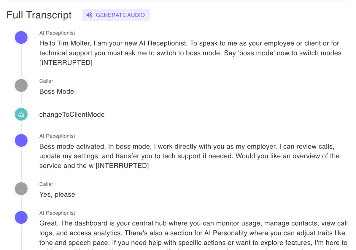 Boss Mode call-summary transcript in the AI Receptionist dashboard