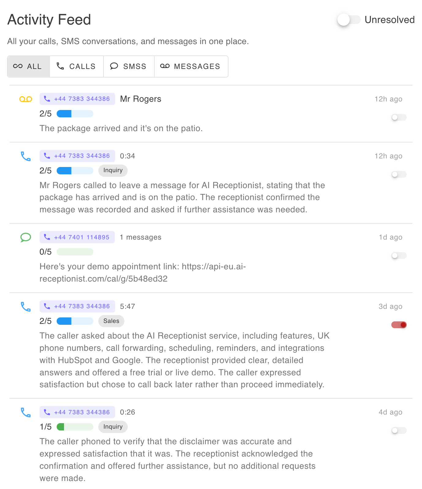 Activity Feed showing all calls, SMSs and Messages your AI Receptionist has received with date, time, caller, category, urgency, duration, and status - filterable by message type and resolved/unresolved status