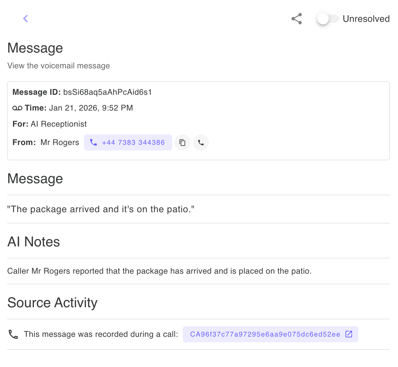 Message view displaying the full message left by customers with timestamps, sender information, and link to originating communication channel