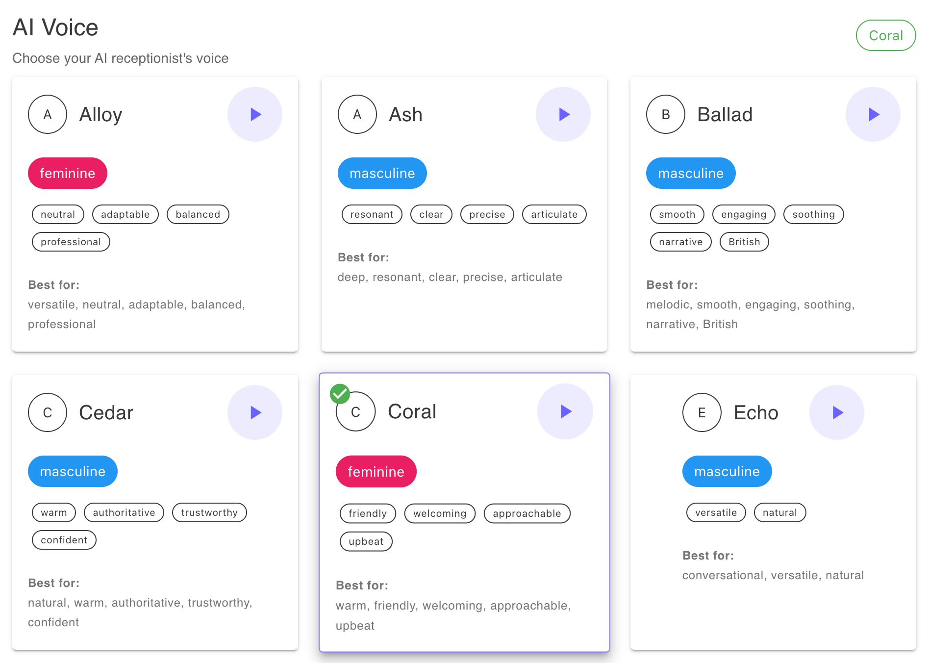 AI voice selection - choose from 10 available voices including masculine and feminine options, click the play button to hear each voice tell a joke, and view descriptive tags and suggestions for what each voice may be best suited for