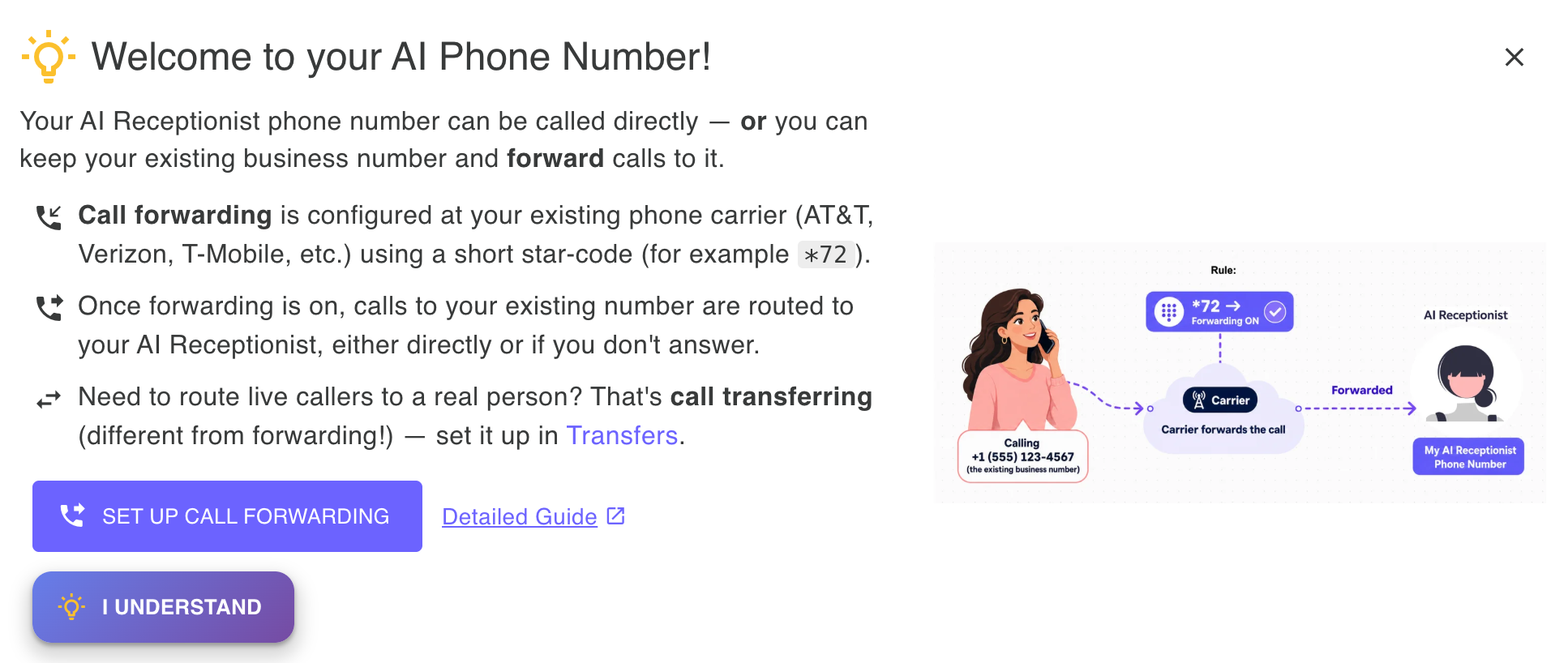Welcome to your AI Phone Number - call it directly or forward calls from your existing business number using a simple star-code at your carrier (AT&T, Verizon, T-Mobile, etc.)