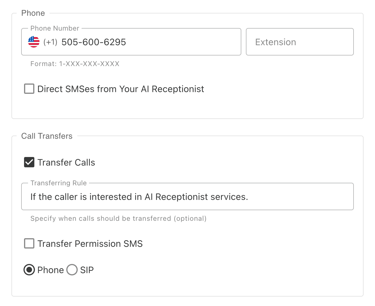 Transfer phone and routing settings - enter the recipient's phone number and extension (if applicable), and configure call transfers by enabling/disabling transfers, setting transfer rules, and choosing between phone network or SIP/VoIP for receiving calls
