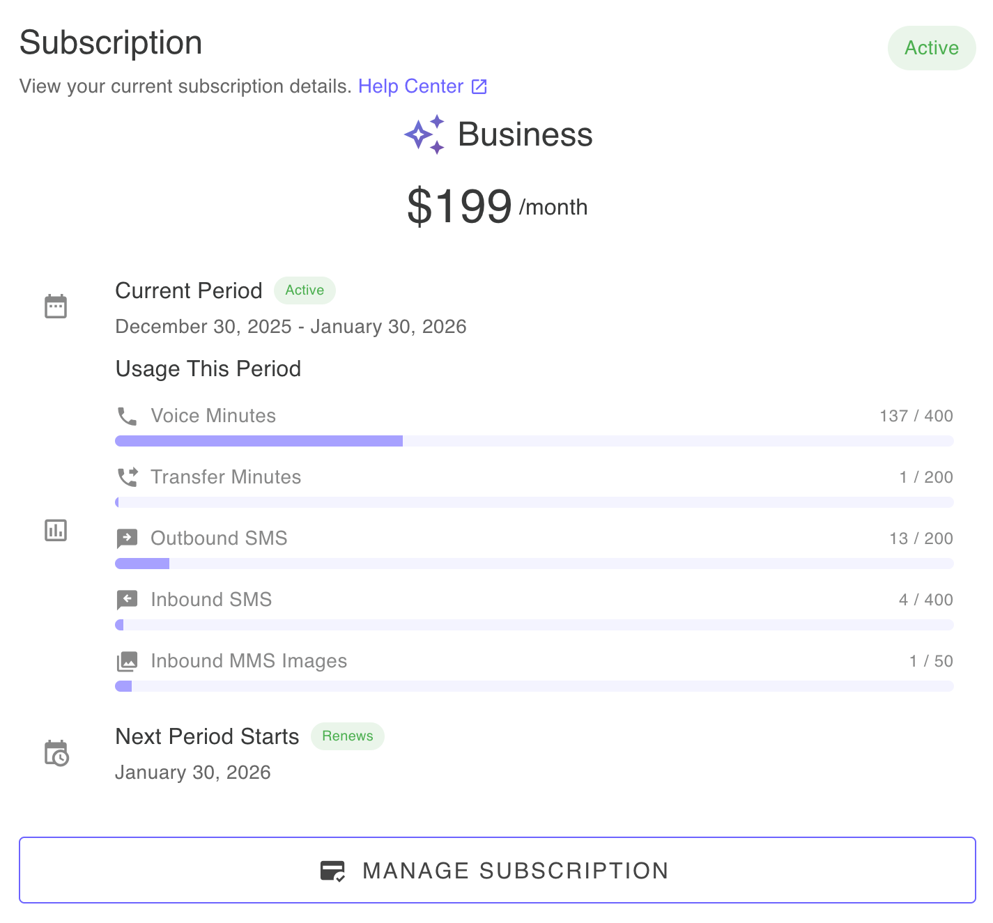 Active subscription management showing current plan details, usage statistics, and options to upgrade, downgrade, or cancel your subscription