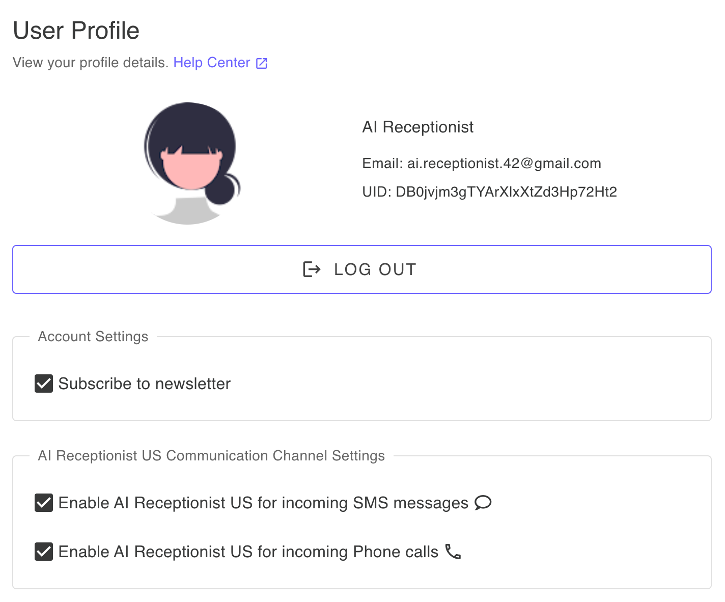 User profile overview showing email, internal user ID, newsletter subscription settings, main communication settings, and logout button