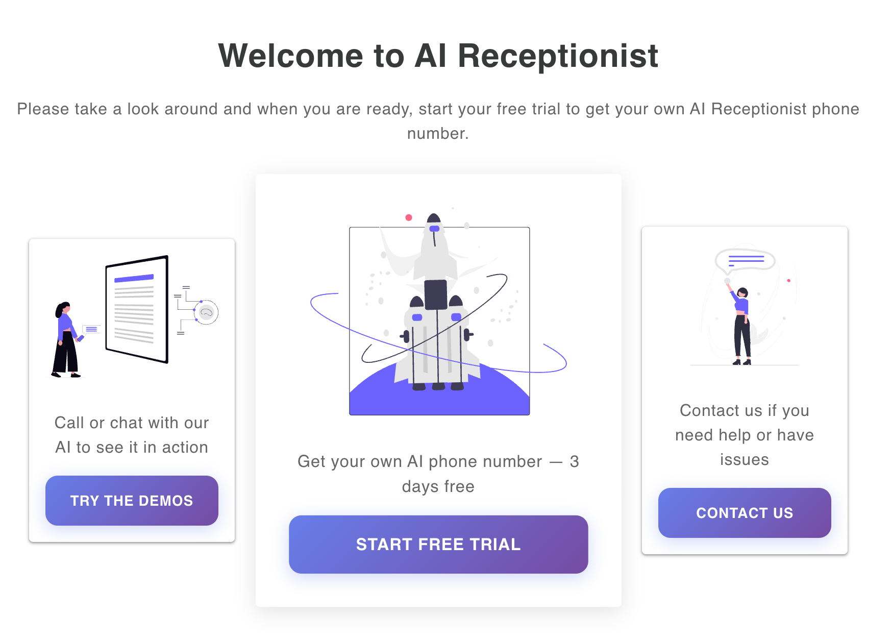 Welcome page with three action cards: listen to demo audio samples, start your free trial with pricing plans, and contact support for personalized assistance