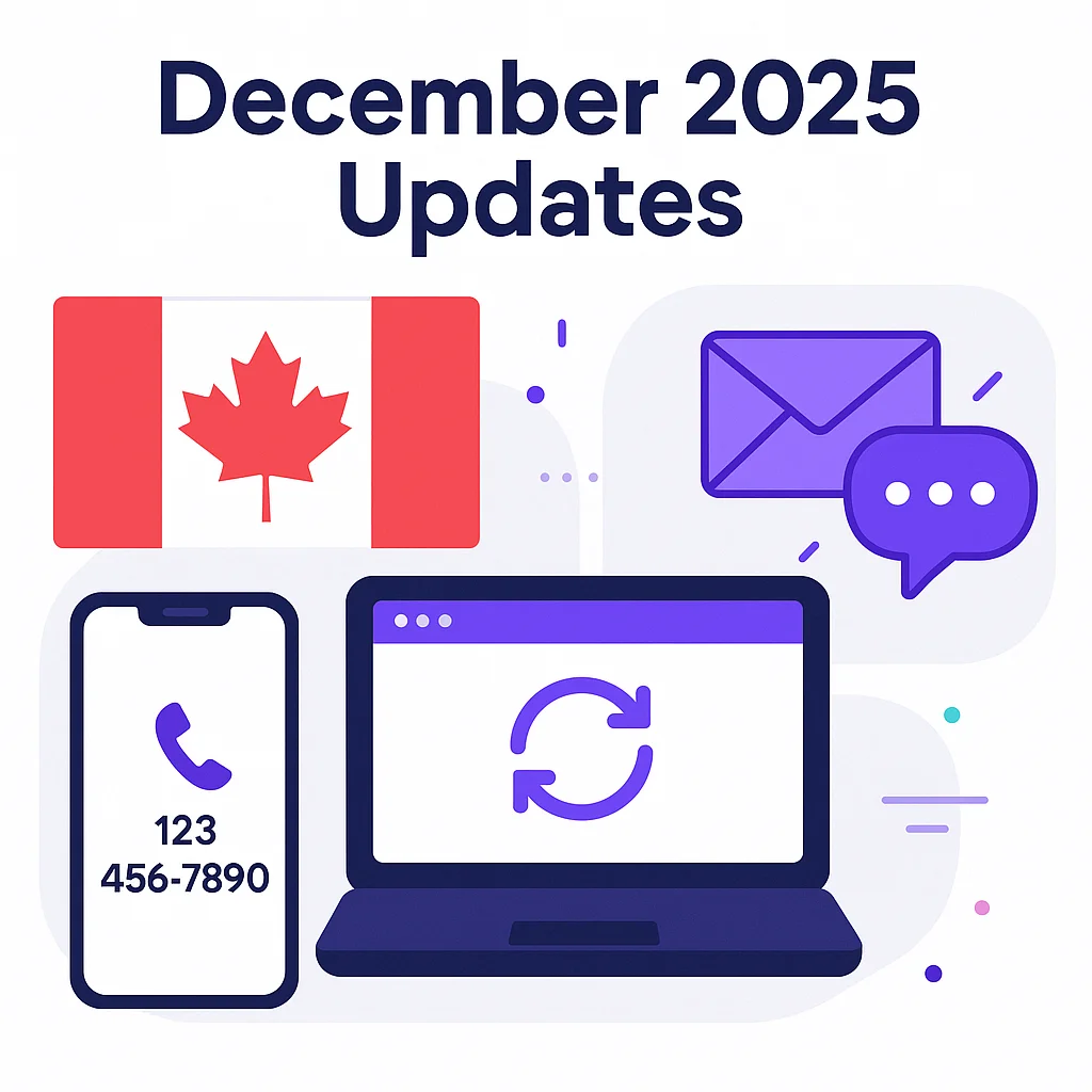 December 2025 AI Receptionist updates overview with Canadian flag and messaging features