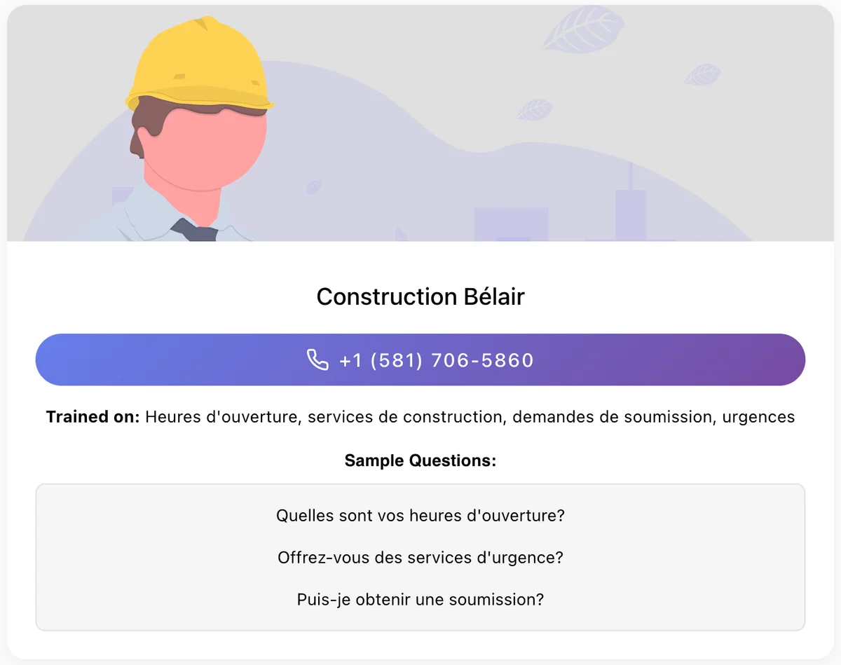 AI Receptionist French-Canadian demo line Construction Bélair for Quebec businesses