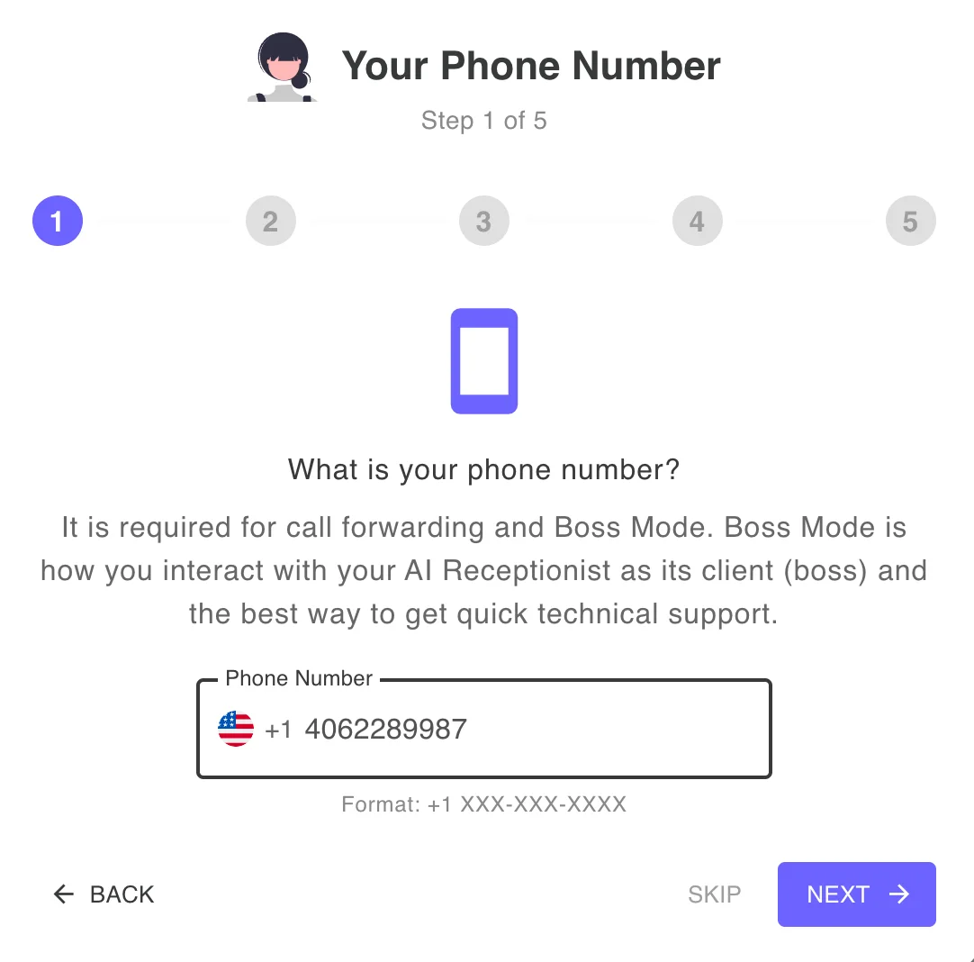 AI Receptionist welcome wizard guided onboarding experience