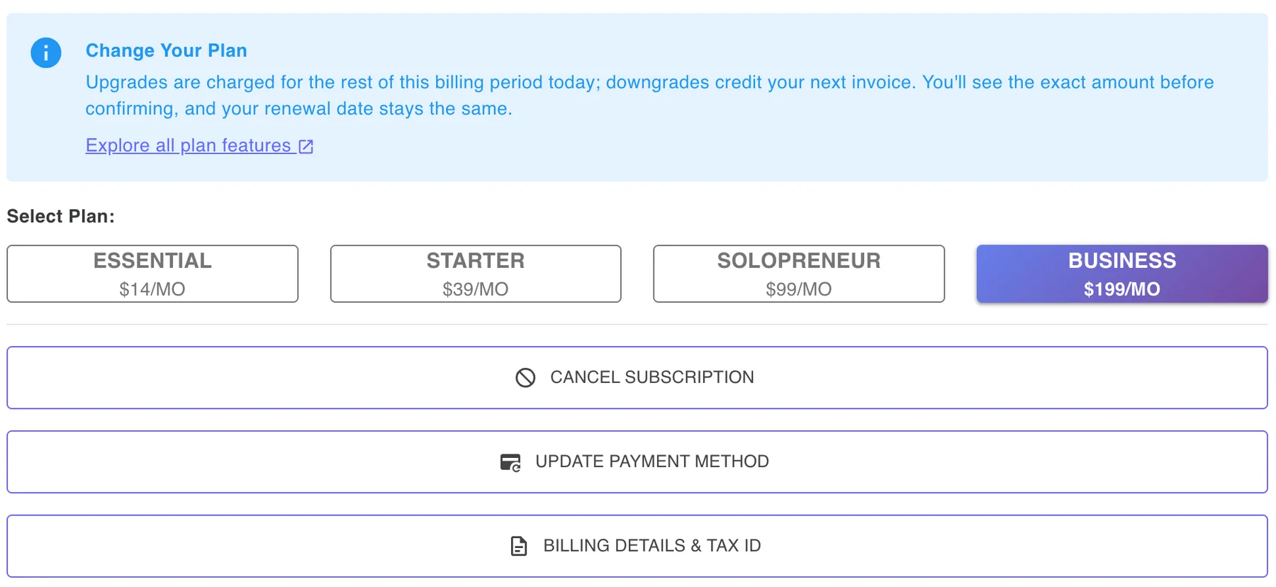 The AI Receptionist Subscription page: change plan with the exact charge shown before confirming, cancel, update payment method, and billing details and tax ID