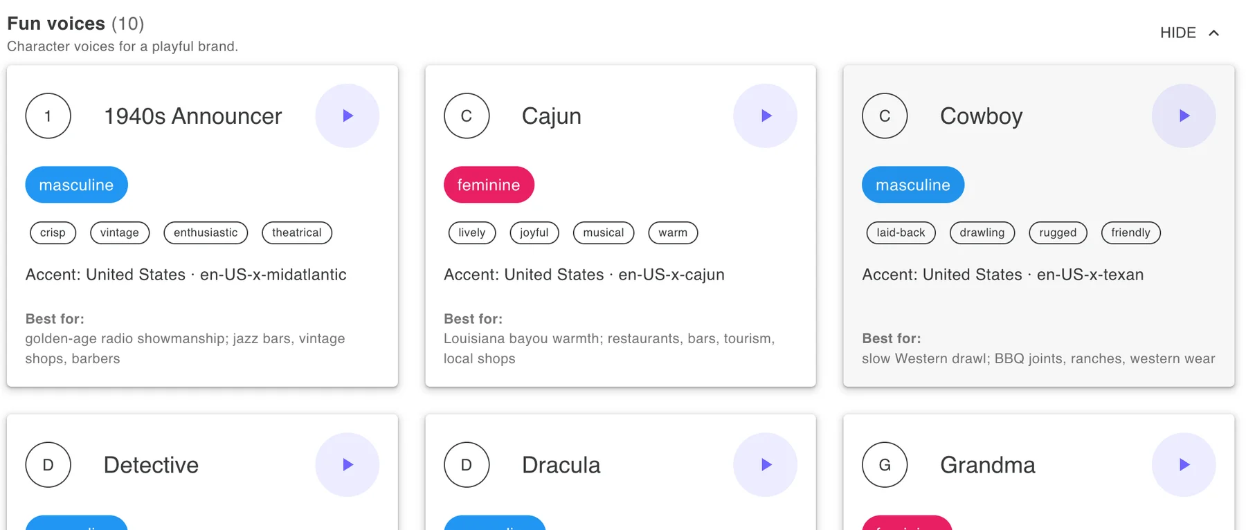 Fun voices section of the AI Receptionist voice picker with character voices such as 1940s Announcer, Cajun, Cowboy, Detective, Dracula and Grandma