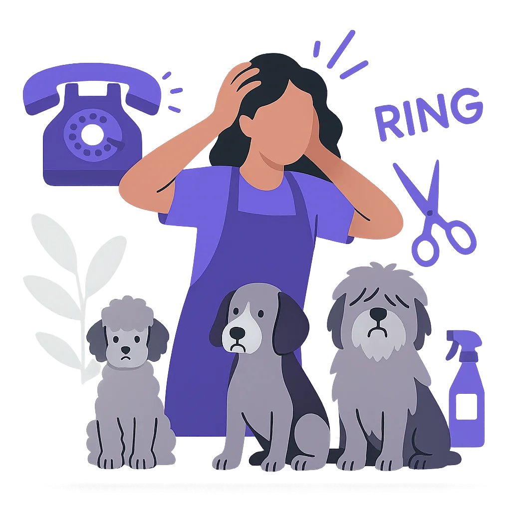 Pet groomer stressed with phone ringing
