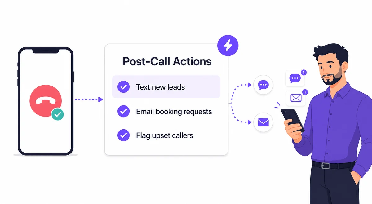 Post-Call Actions workflow: a call ends, your instructions run, and texts and emails reach the owner's phone