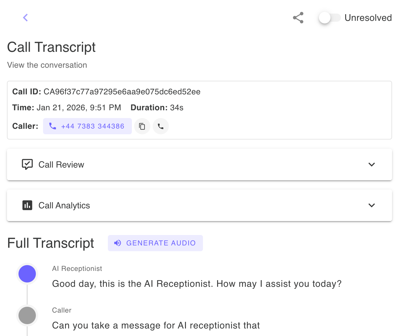 Call transcript page showing call time and duration, caller information, call analytics, call review summary, and the complete conversation transcript