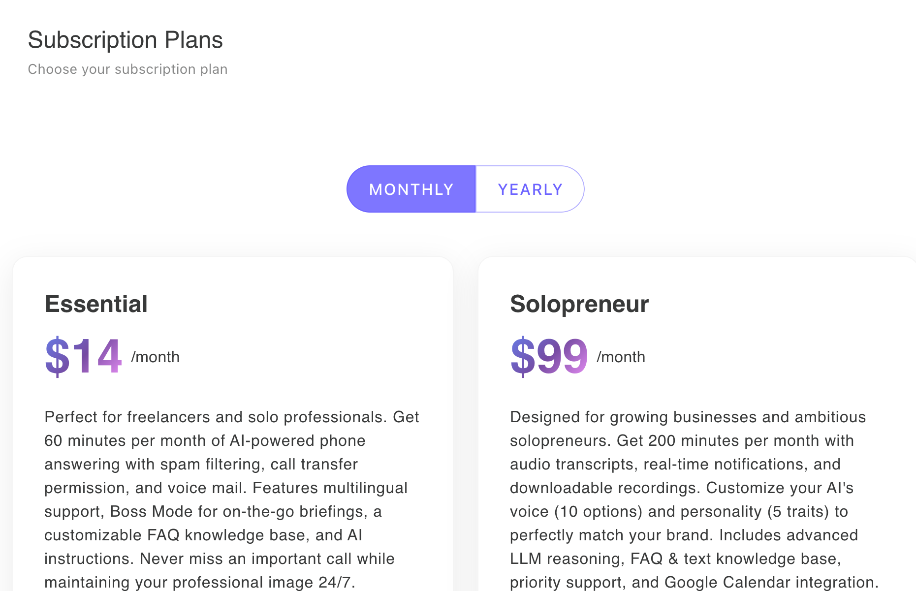 Subscription plans comparison showing Essential, Solopreneur, and Business tiers with pricing details, toggle between monthly and yearly billing, and sign-up buttons for each plan