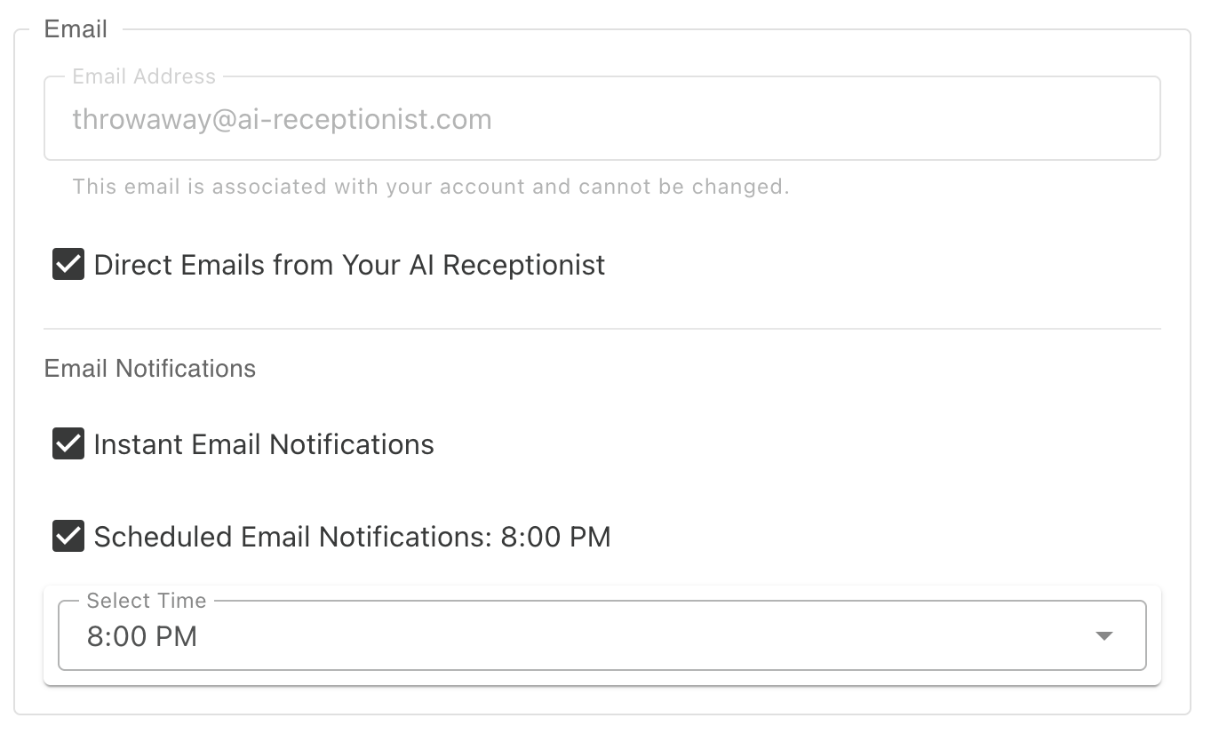 Email settings - configure direct emails from your AI receptionist and set up instant or scheduled email notifications about the calls you've received