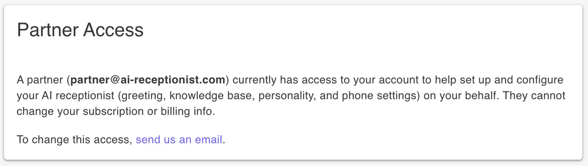 The client's Partner Access notice showing which partner has access, that it excludes billing, and how to change it
