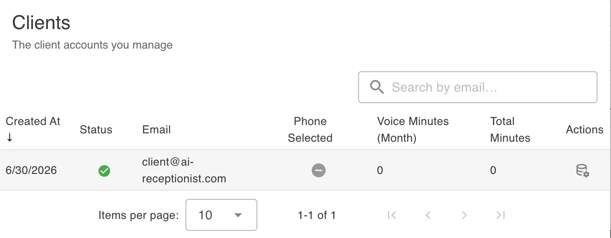 Partner dashboard listing the client accounts you manage, with usage and a manage action