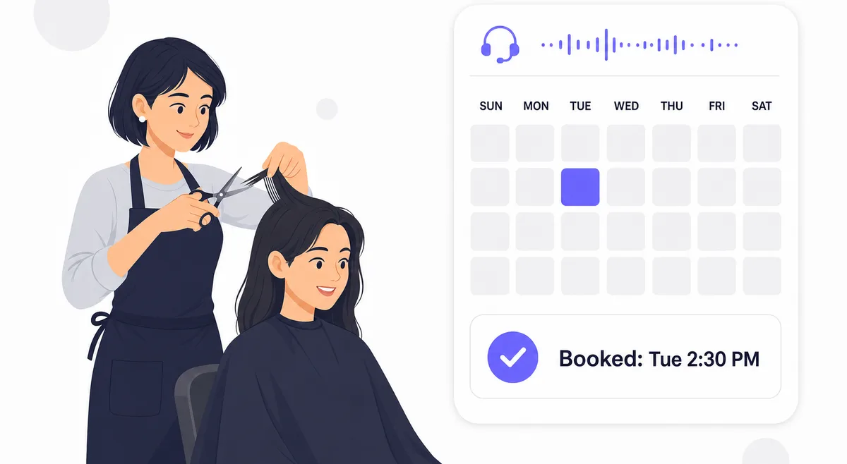 A hair stylist cuts a client's hair while the AI receptionist books a Tuesday 2:30 PM appointment into her calendar