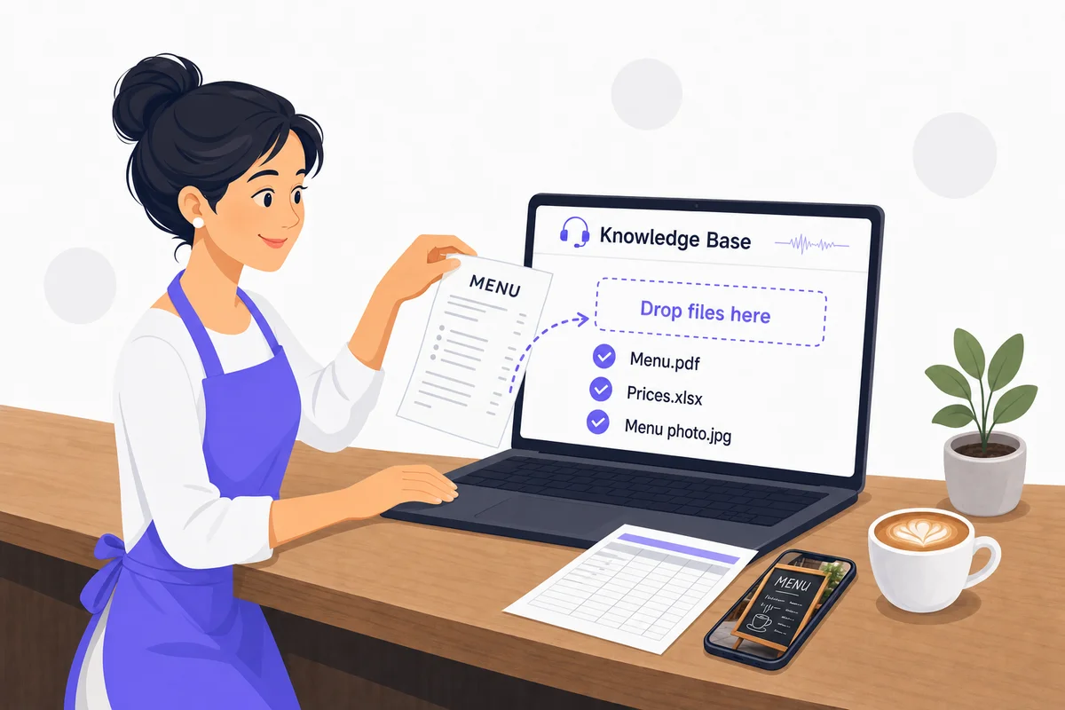 Cafe owner uploading her menu, price list and a photo of her menu board into the AI receptionist knowledge base