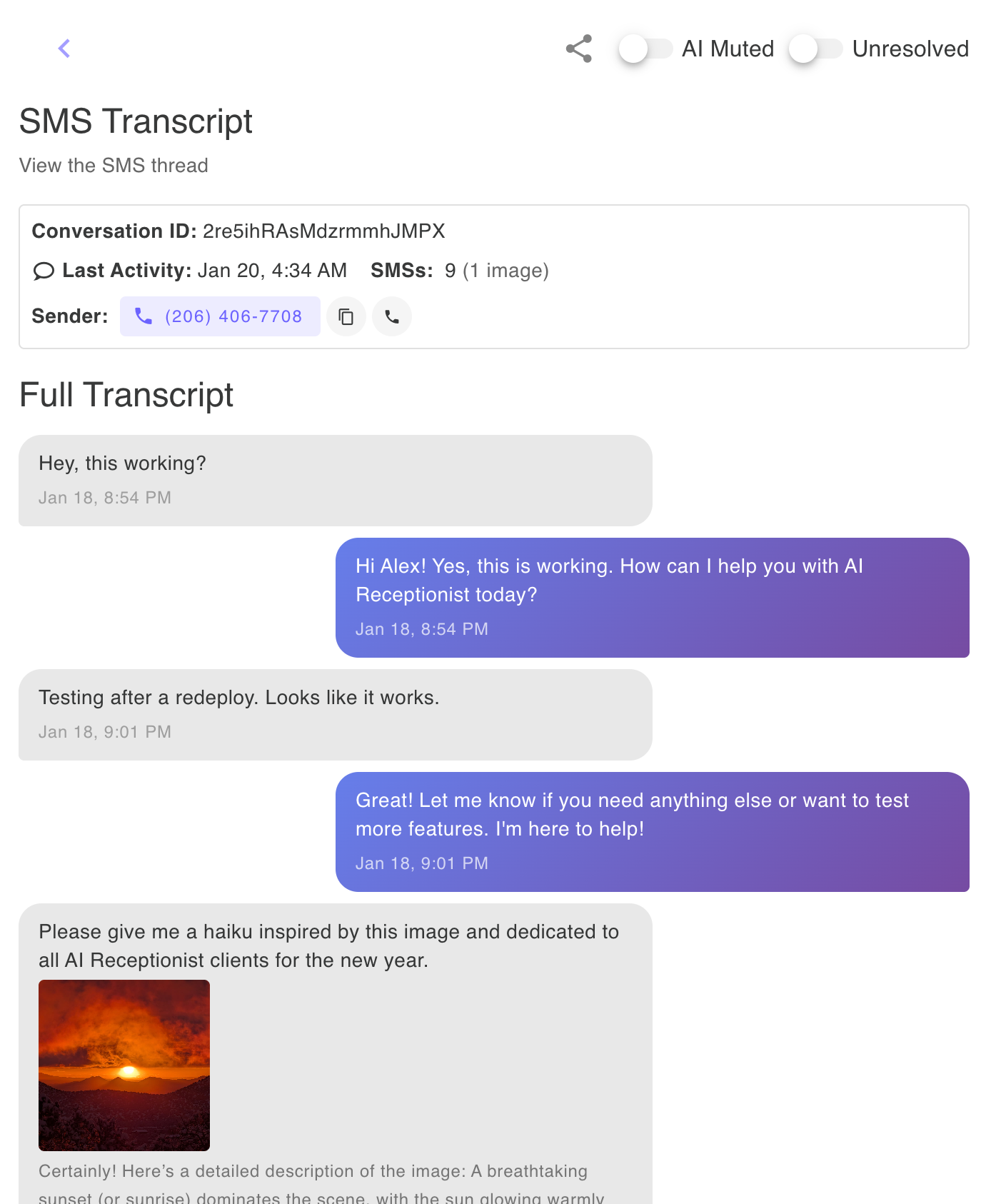 SMS view displaying SMS conversations with customer, showing the full message thread with timestamps, sender information, and AI-generated responses - includes options to reply, forward, mute the AI or mark as resolved