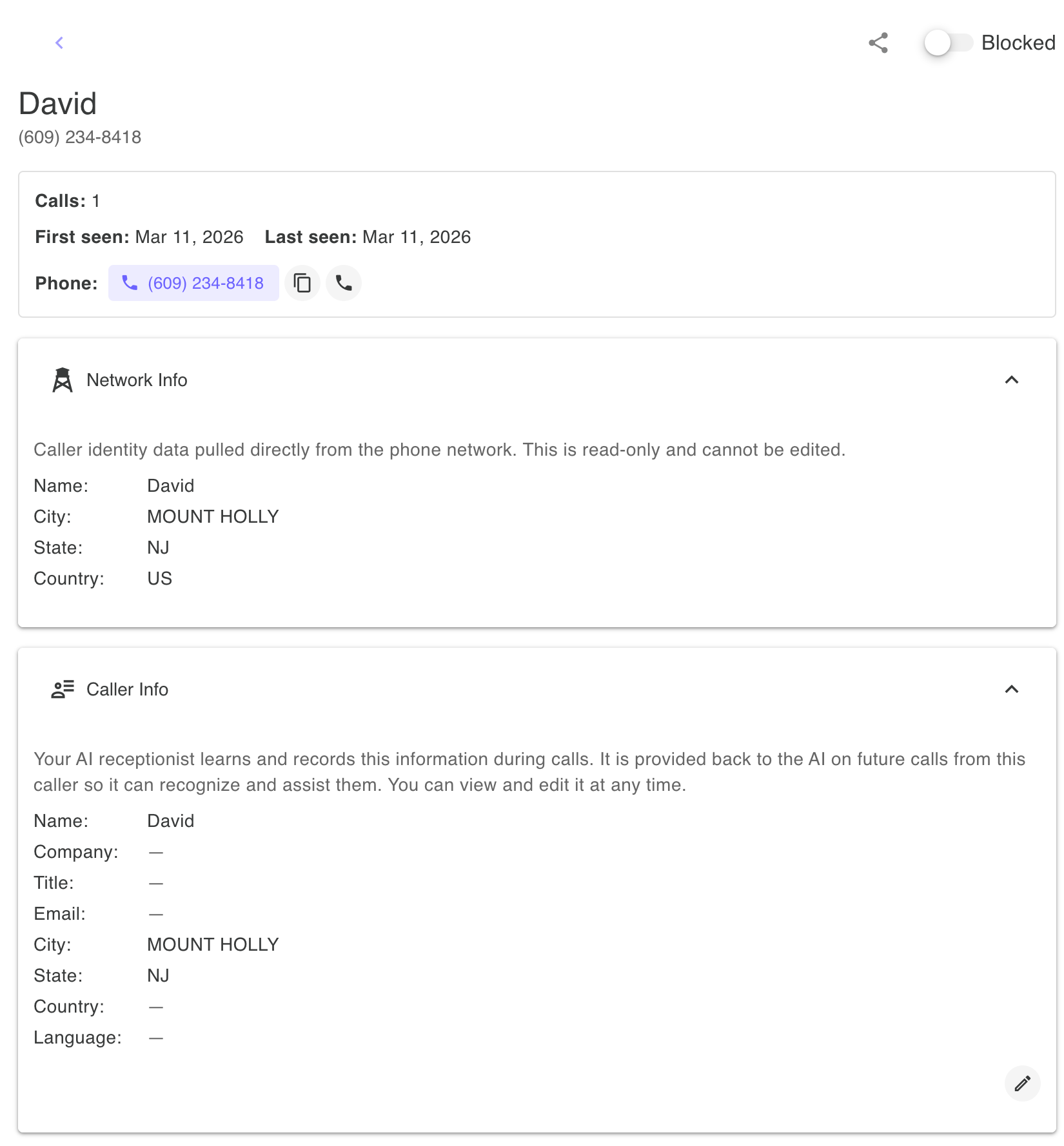 Caller profile - detailed caller information including their network profile, associated phone carrier, location data, and caller information obtained and recorded by your receptionist to help you understand who is calling your business