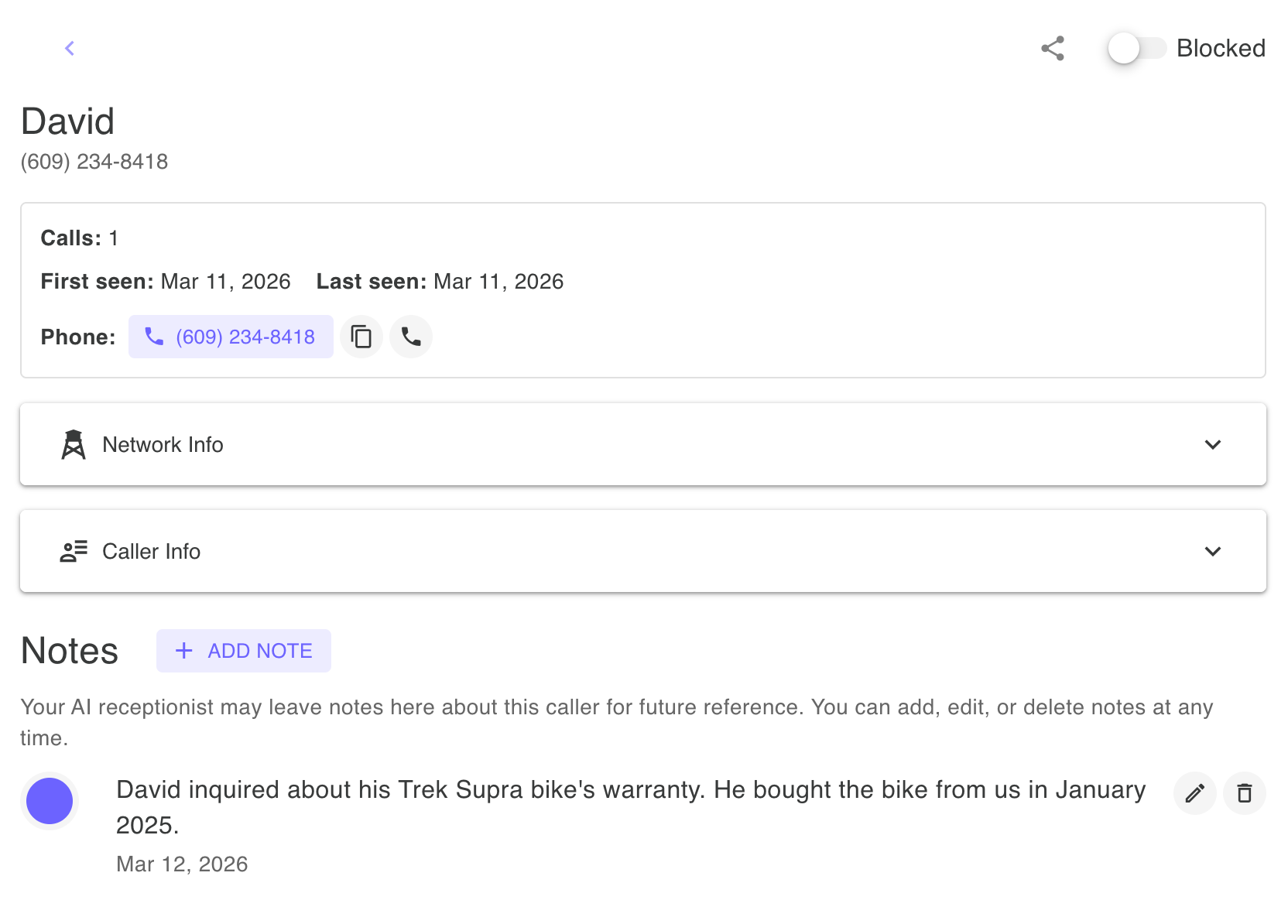Caller notes - add and manage private notes about individual callers, visible only to you and your AI, to track important context such as past conversations, preferences, or other notes