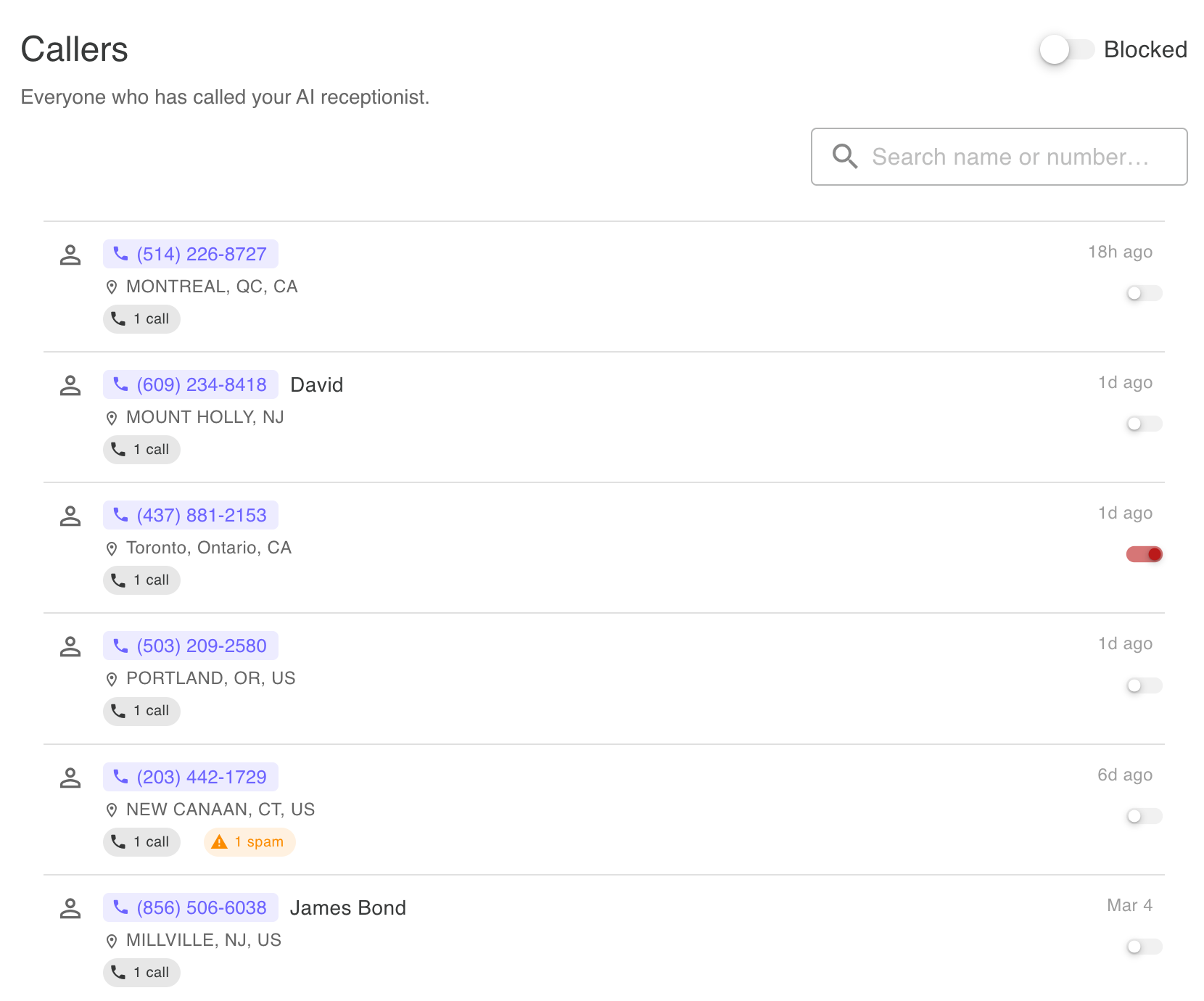 Callers list - view all callers who have contacted your AI receptionist, including their name (if identified), phone number, number of calls, last call date, and quick-access action buttons. abusive or spam callers may also be blocked
