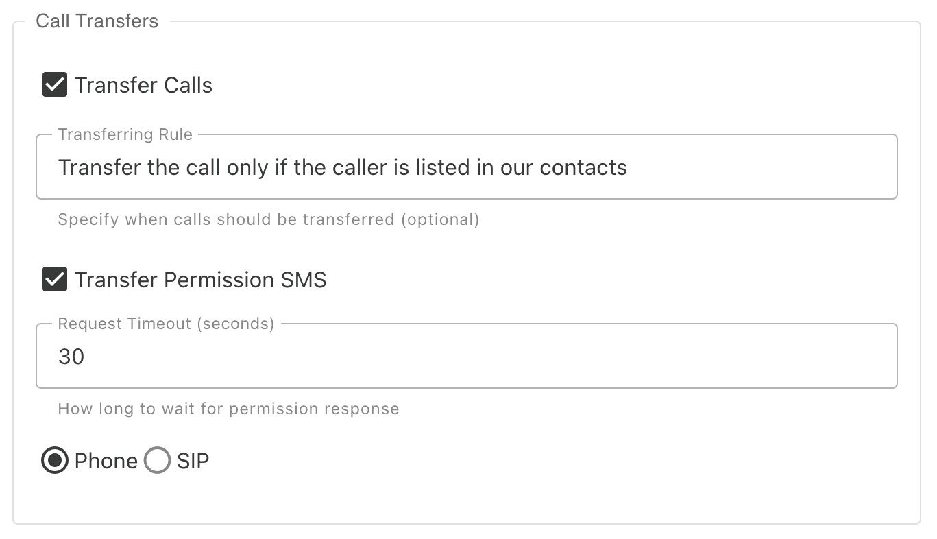 Call transfer settings - configure whether you want call transfers enabled, set transfer rules, enable warm transfer SMS notifications, adjust timeout settings, and choose between phone network or SIP/VoIP network for receiving transfers