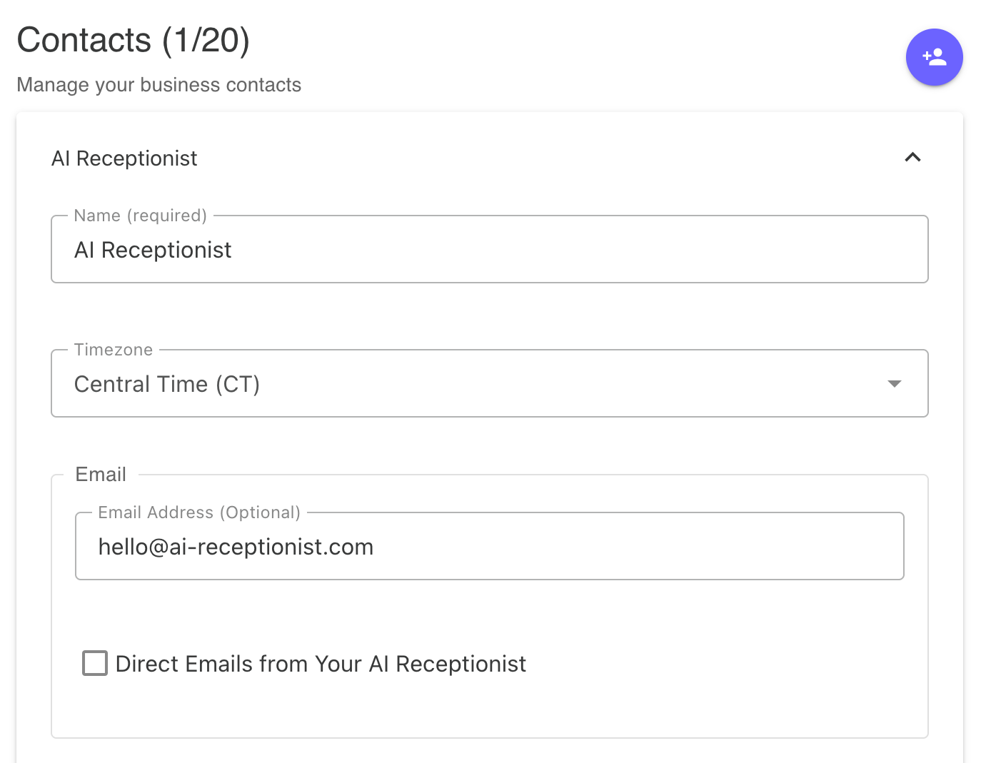Transfer name and email settings - enter the transfer recipient's name (which callers may refer to), set their timezone, add their email address, and configure whether they want to receive direct emails from the AI Receptionist