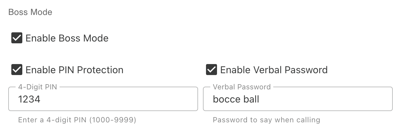 Boss Mode settings - enable or disable Boss Mode and choose security options with PIN protection or verbal password. To use Boss Mode, call from your configured phone number and simply say 'Boss Mode' to access account management features