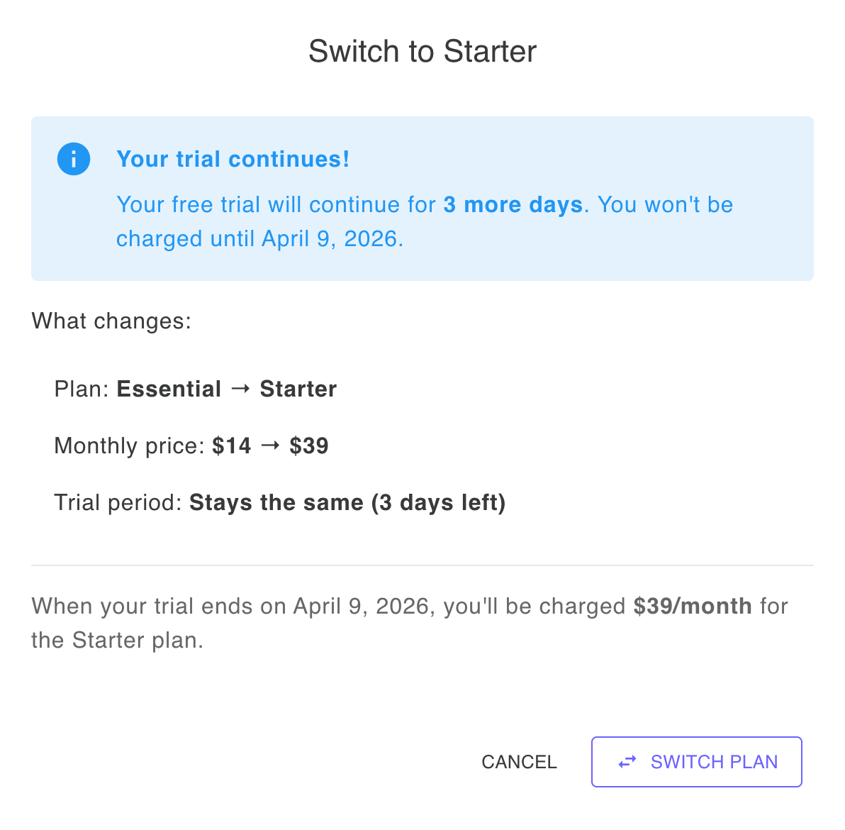 Plan switcher confirmation dialog showing the changes when switching plans during your trial, including the new plan name, updated monthly price, and remaining trial days