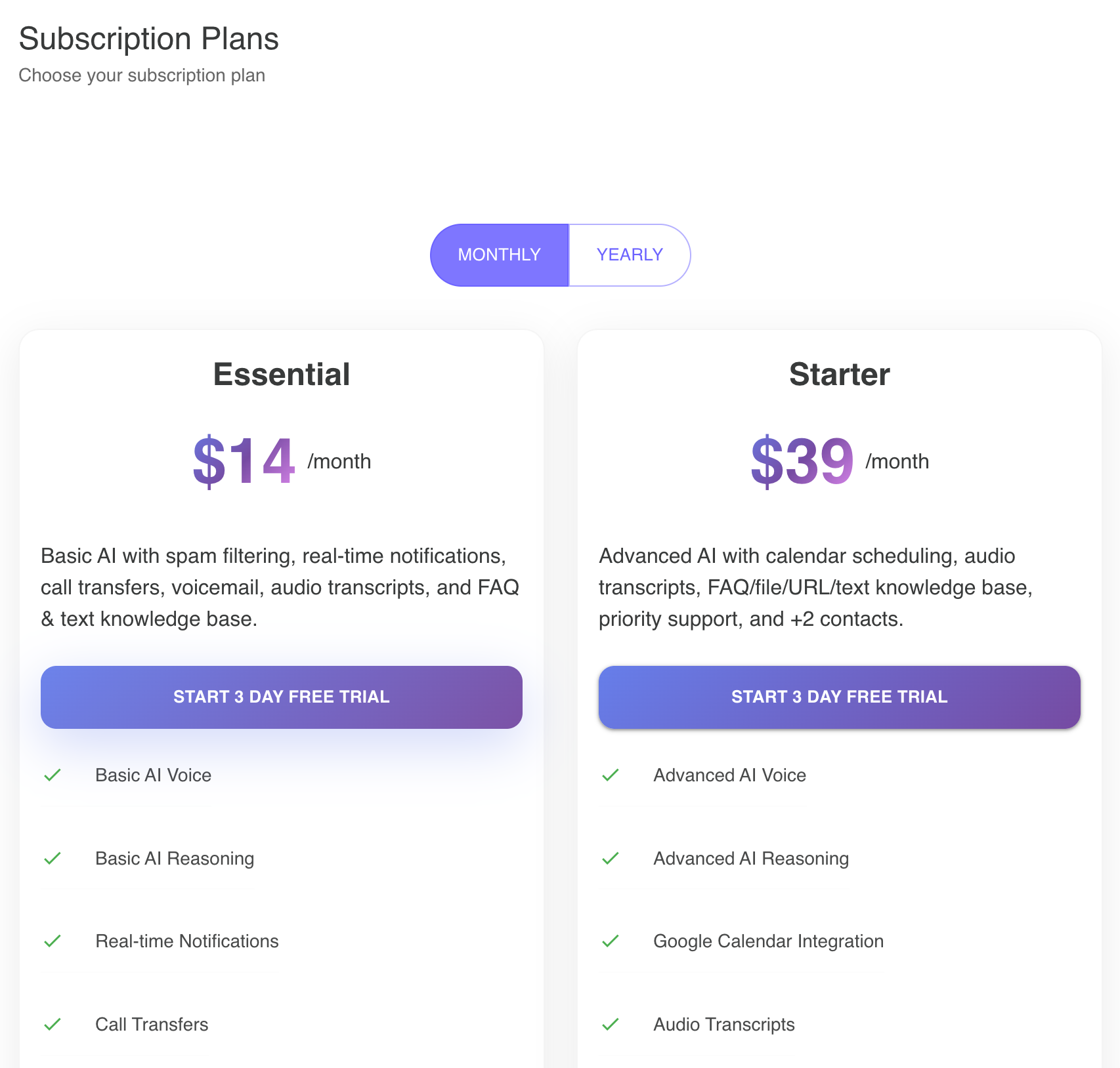Subscription plans comparison showing Essential, Starter, Solopreneur, and Business tiers with pricing details, toggle between monthly and yearly billing, and sign-up buttons for each plan