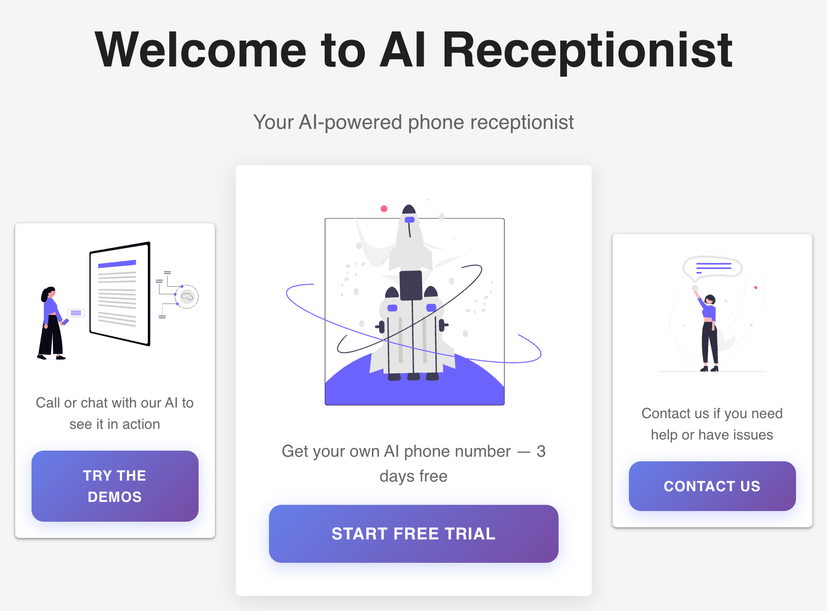 Welcome page with three action cards: listen to demo audio samples, start your free trial with pricing plans, and contact support for personalized assistance